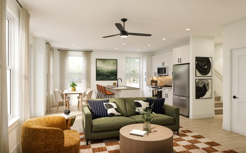 a living room with a green couch