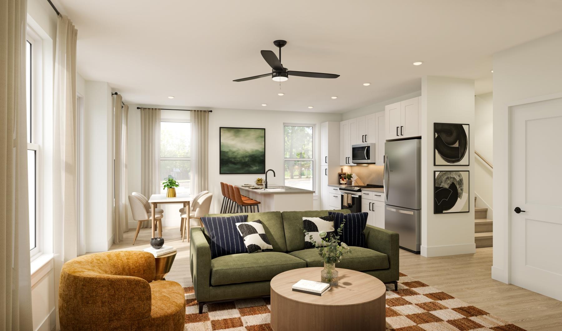 a living room with a green couch