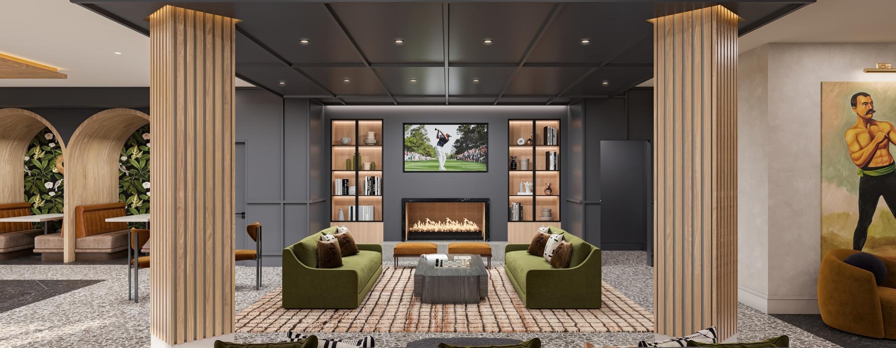 a living room with a fireplace