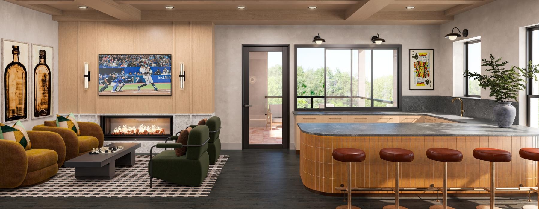 a room with a pool table and chairs