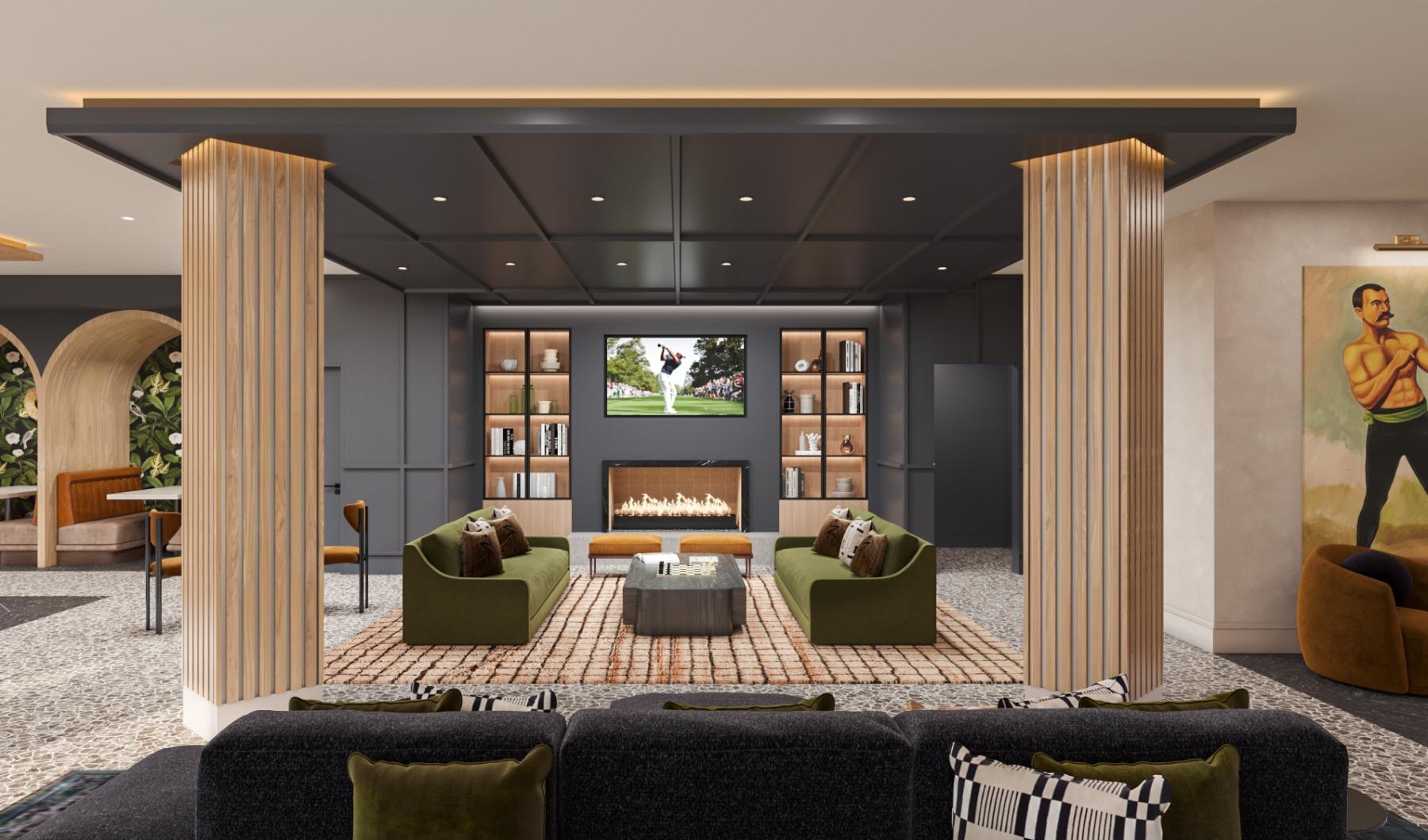 a living room with a fireplace